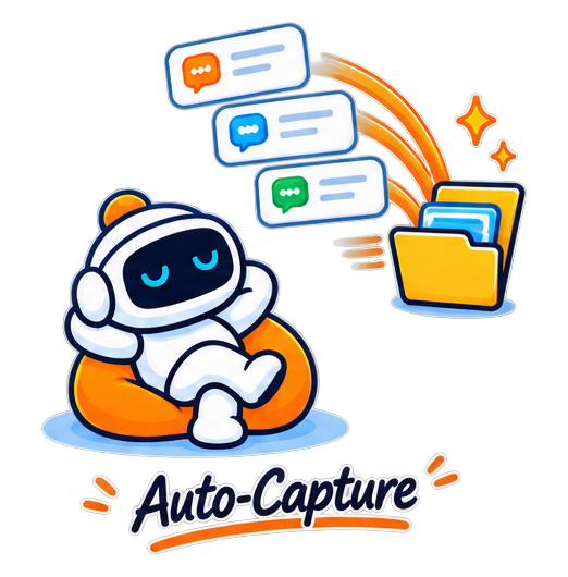A robot at rest while chat sessions file themselves into a folder