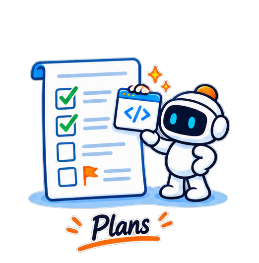 A robot checking a code window against a blueprint checklist
