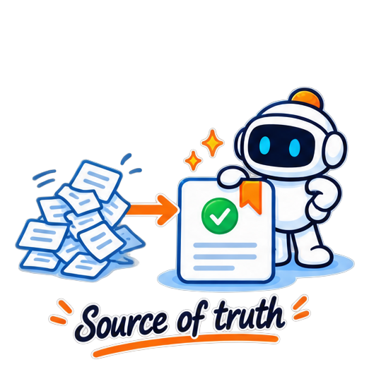 A scattered pile of notes resolving into one current, tagged document