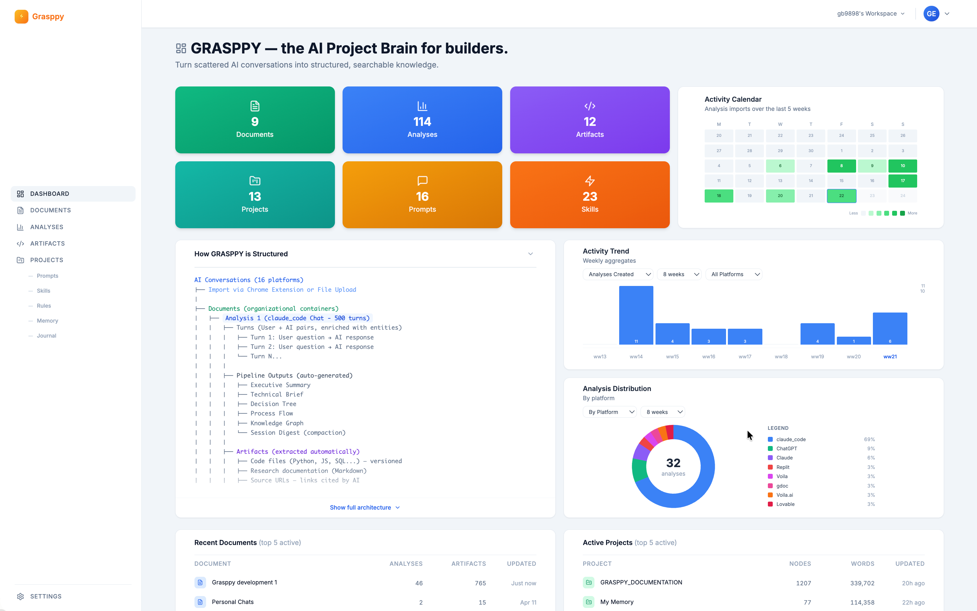 GRASPPY dashboard showing 9 documents, 114 analyses, 12 artifacts, 13 projects, 16 prompts, and 23 skills — with a 5-week activity calendar, weekly analyses bar chart, and a platform-breakdown donut chart