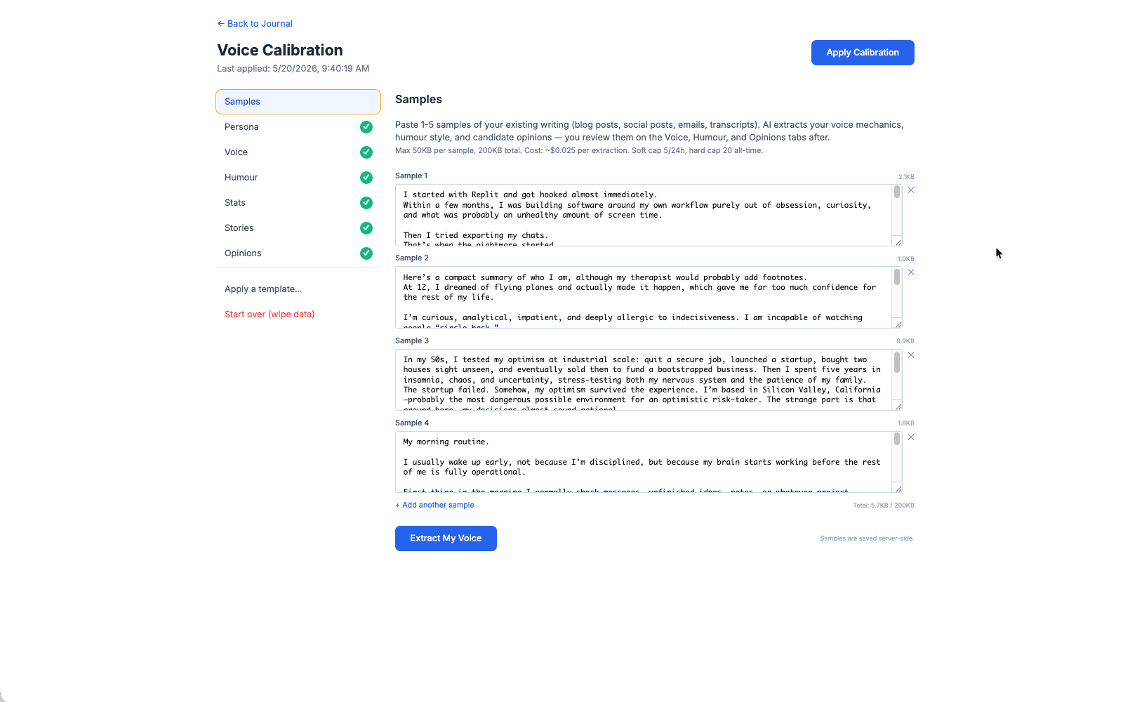 The GRASPPY Studio Voice Calibration page — side menu showing all 5 voice dimensions (Samples, Persona, Voice, Humour, Stats) each marked complete with a green check; right panel shows three actual user-written samples used to calibrate the AI.
