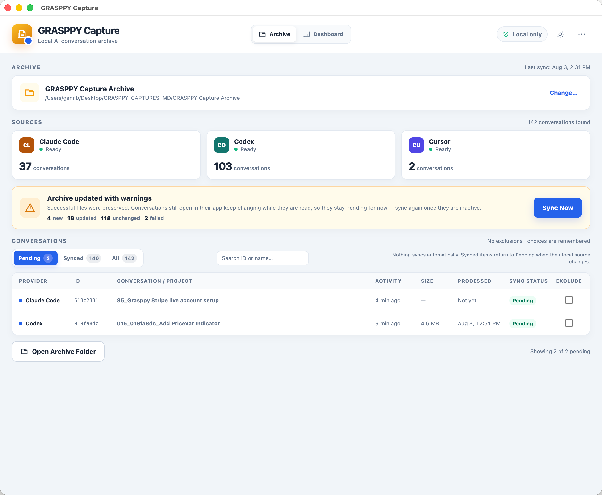 Grasppy Capture archive view: sources, catalog, search, and sync status