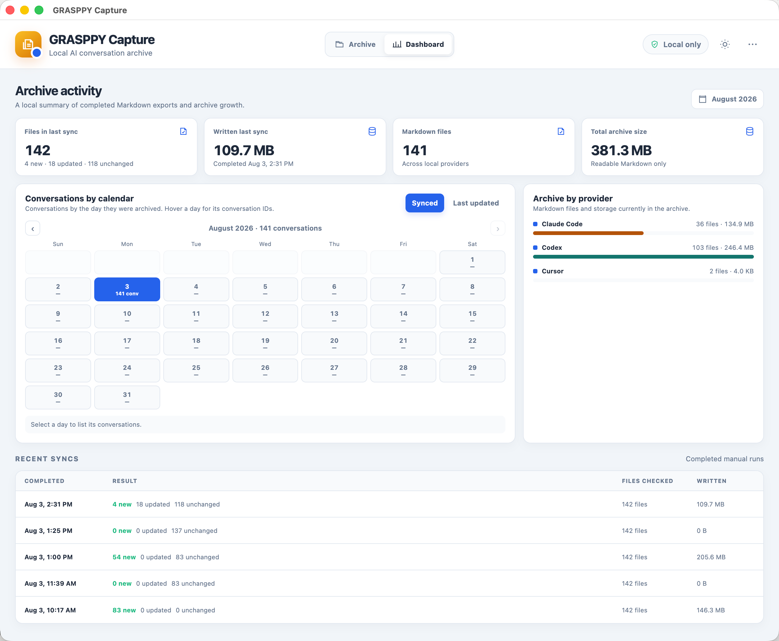 Grasppy Capture dashboard: conversation calendars, provider breakdown, sync history