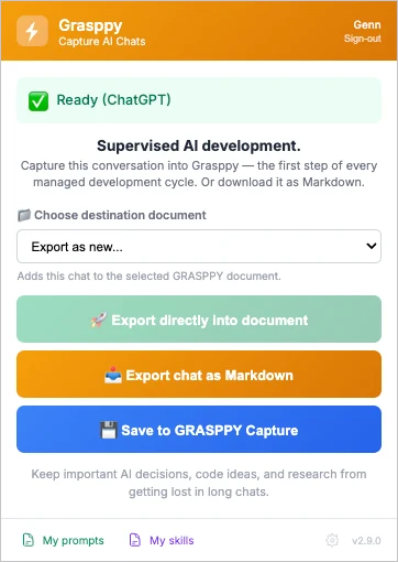 The Grasppy extension popup on a ChatGPT tab — export into a document, download as Markdown, or save to Grasppy Capture