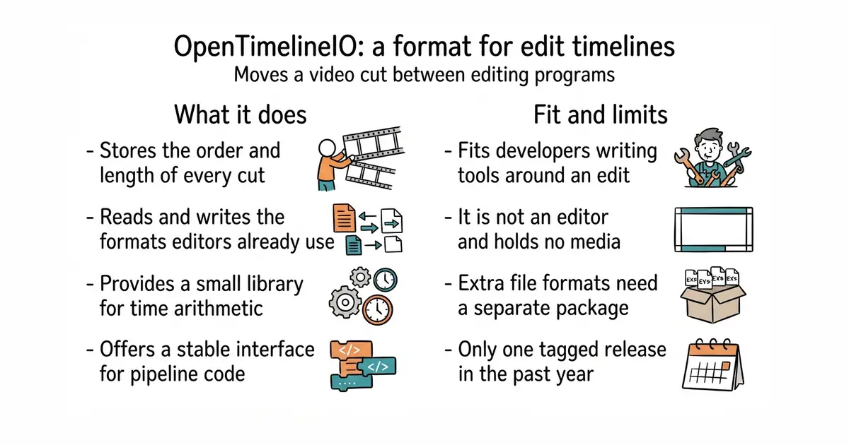 OpenTimelineIO: a format for edit timelines. Moves a video cut between editing programs.