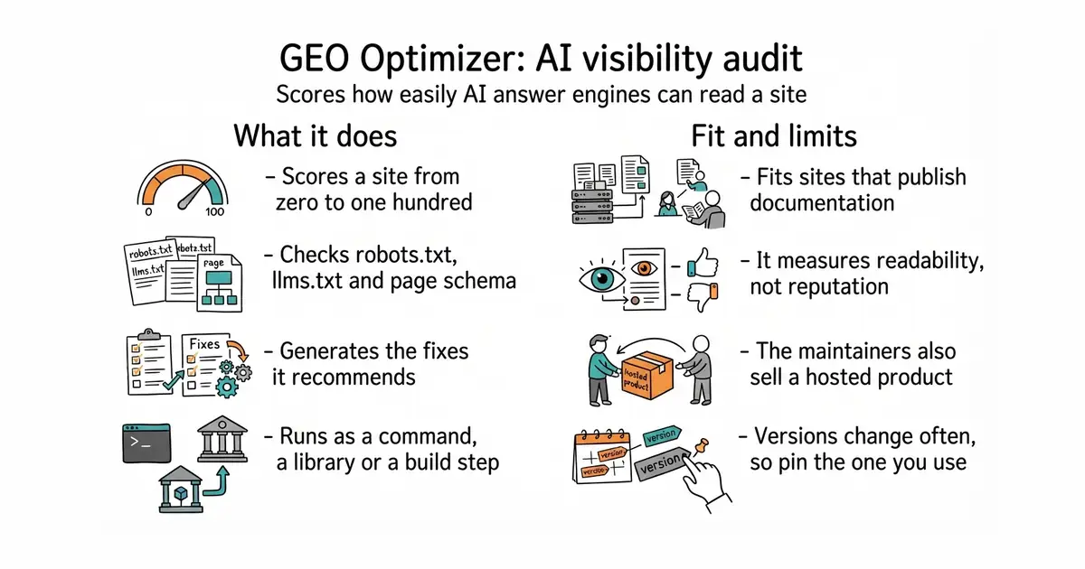 GEO Optimizer: AI visibility audit. Scores how easily AI answer engines can read a site.