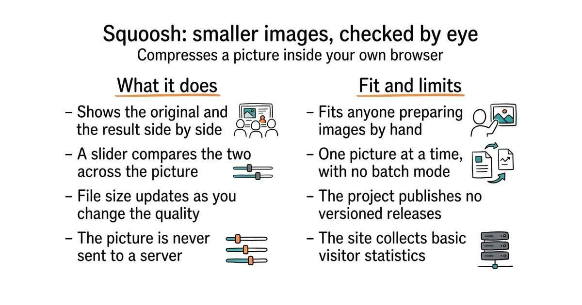 Squoosh: smaller images, checked by eye. Compresses a picture inside your own browser.