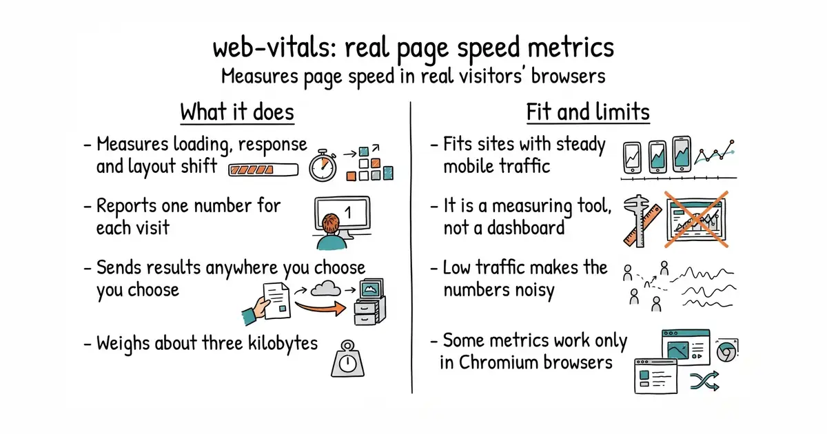 web-vitals: real page speed metrics. Measures page speed in real visitors' browsers.