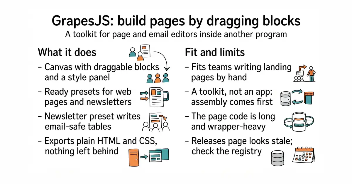 GrapesJS: build pages by dragging blocks. A toolkit for page and email editors inside another program.
