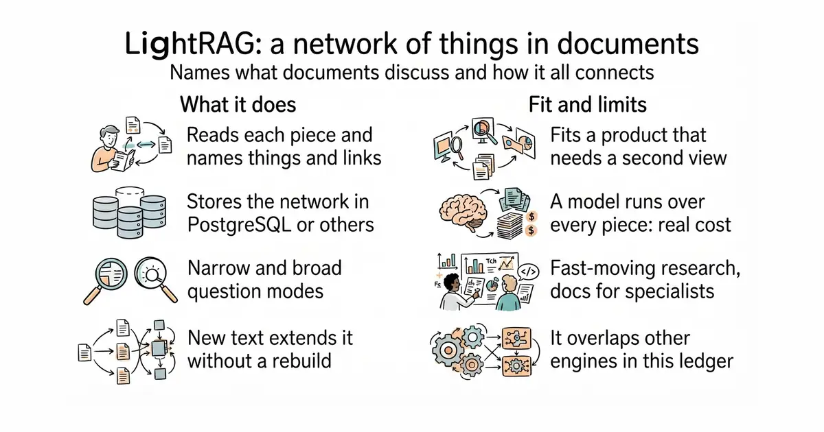 LightRAG: a network of things in documents. Names what documents discuss and how it all connects.