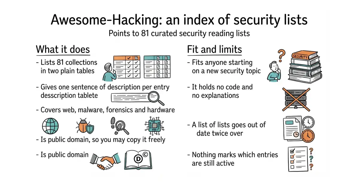 Awesome-Hacking: an index of security lists. Points to 81 curated security reading lists.