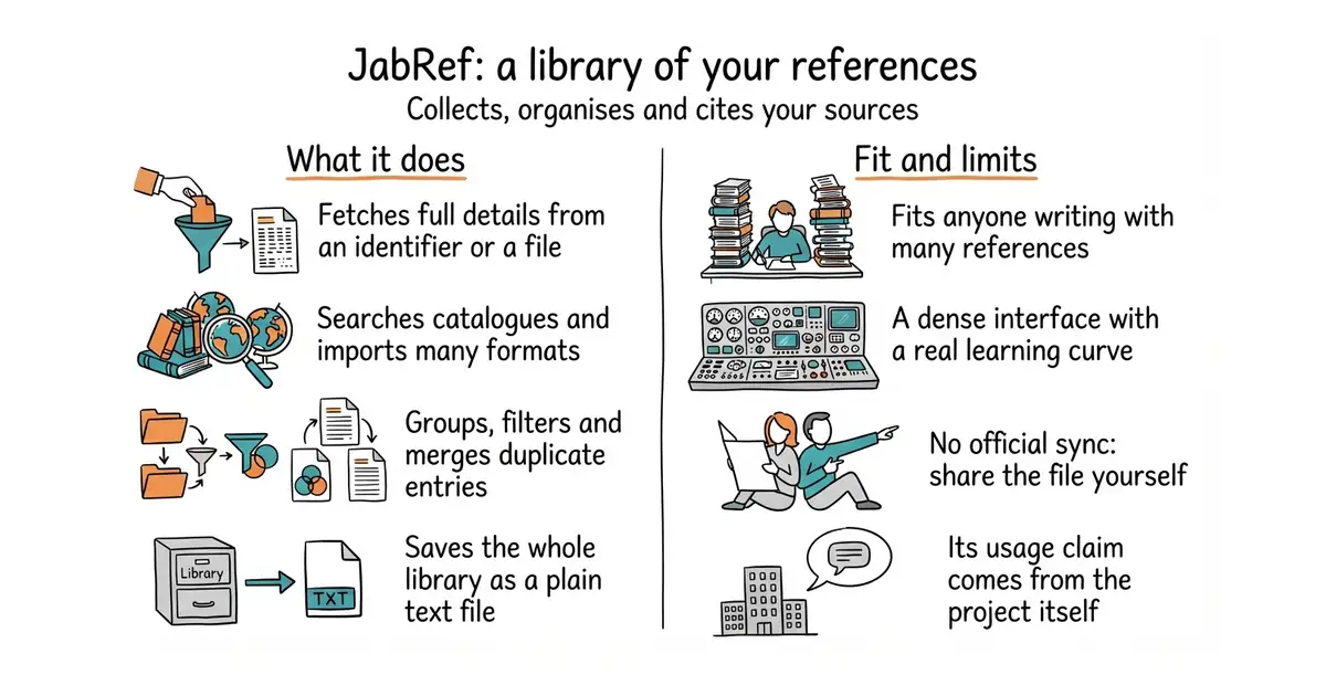 JabRef: a library of your references. Collects, organises and cites your sources.