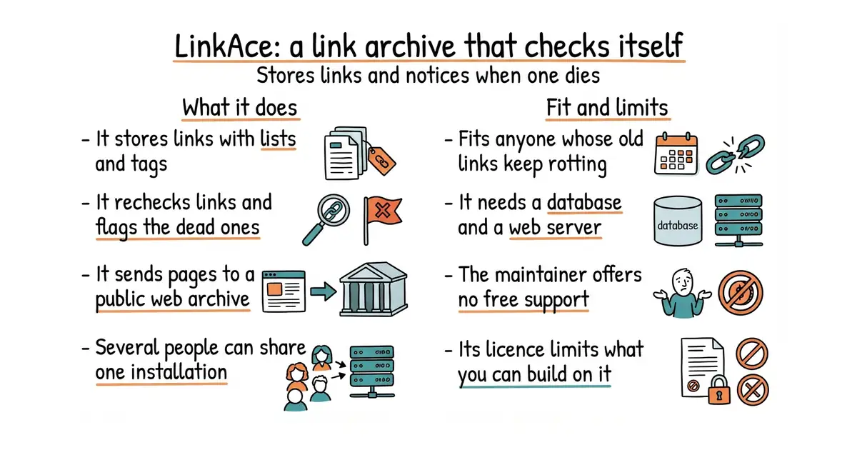 LinkAce: a link archive that checks itself. Stores links and notices when one dies.