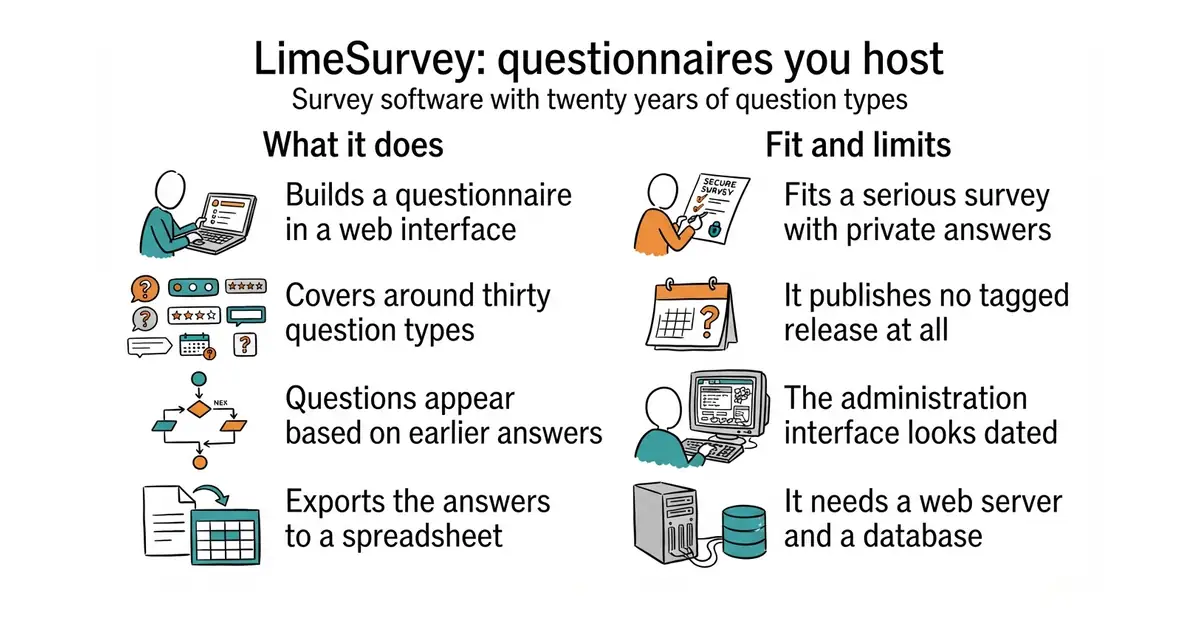 LimeSurvey: questionnaires you host. Survey software with twenty years of question types.