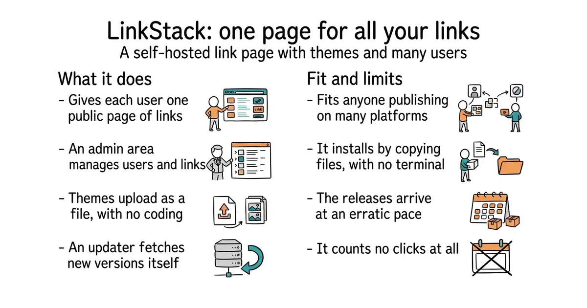 LinkStack: one page for all your links. A self-hosted link page with themes and many users.