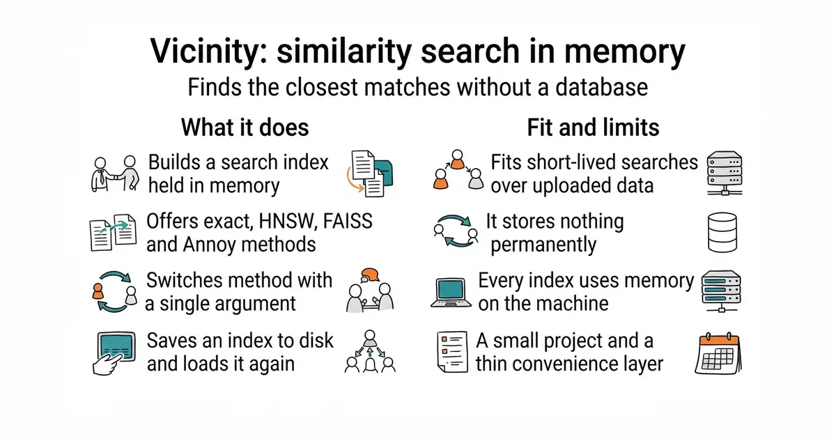 Vicinity: similarity search in memory. Finds the closest matches without a database.