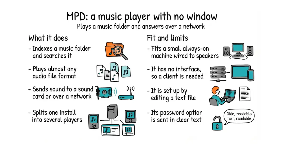 MPD: a music player with no window. Plays a music folder and answers over a network.