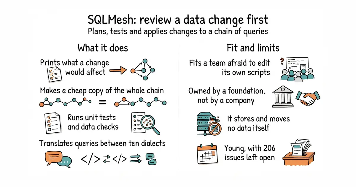 SQLMesh: review a data change first. Plans, tests and applies changes to a chain of queries.