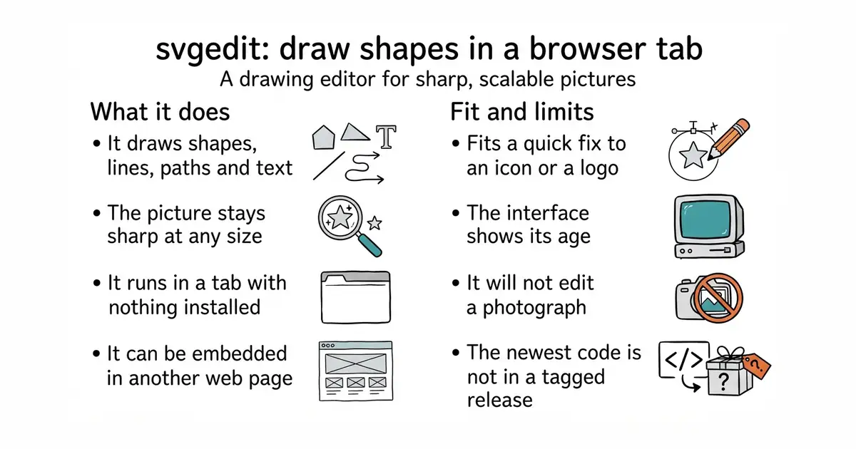 svgedit: draw shapes in a browser tab. A drawing editor for sharp, scalable pictures.