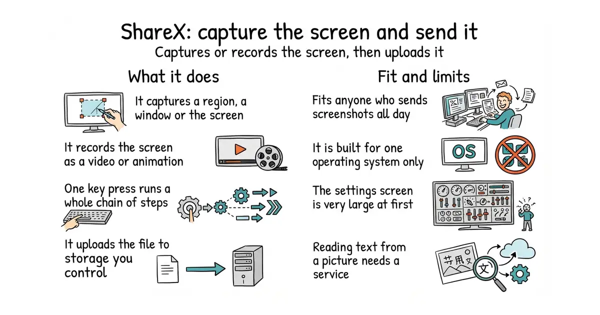 ShareX: capture the screen and send it. Captures or records the screen, then uploads it.