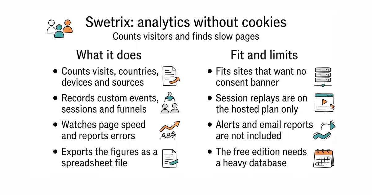 Swetrix: analytics without cookies. Counts visitors and finds slow pages.