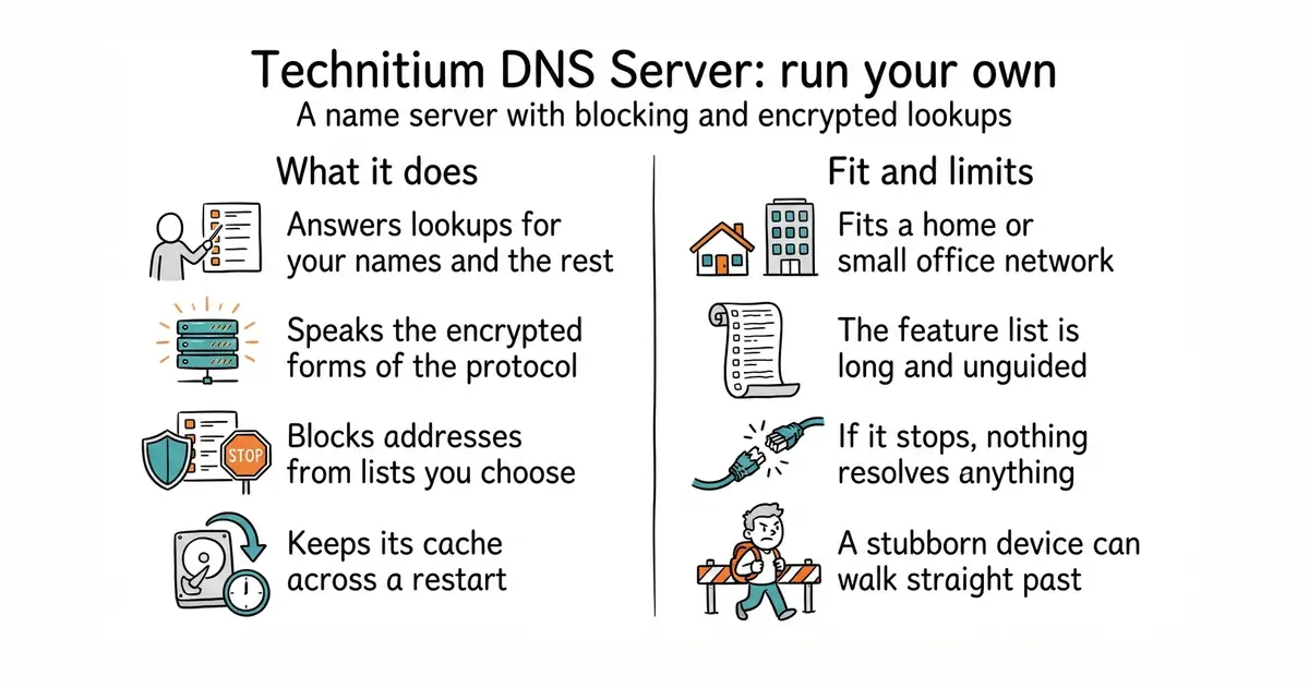 Technitium DNS Server: run your own. A name server with blocking and encrypted lookups.