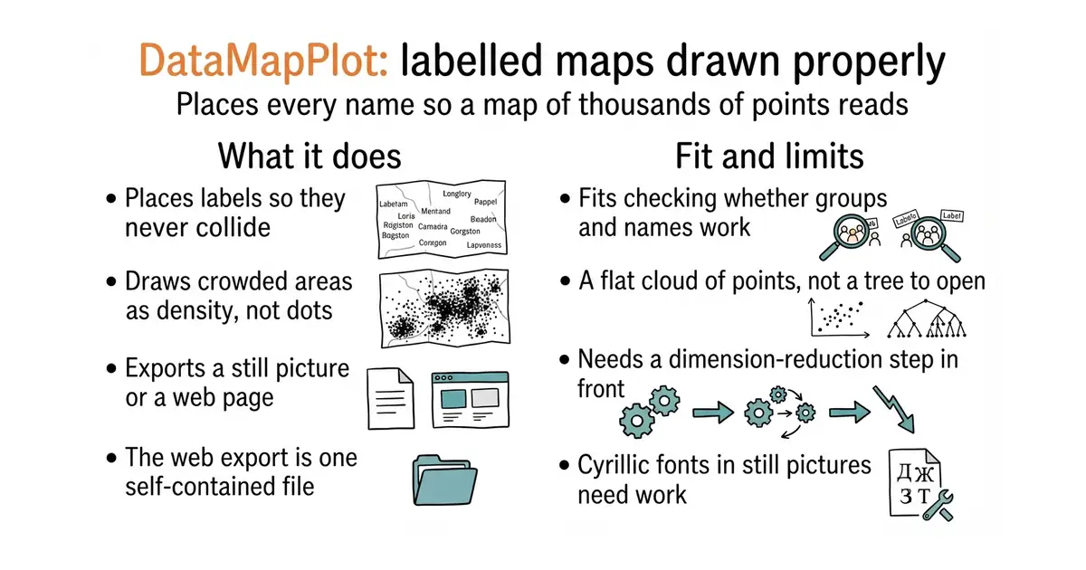 DataMapPlot: labelled maps drawn properly. Places every name so a map of thousands of points reads.