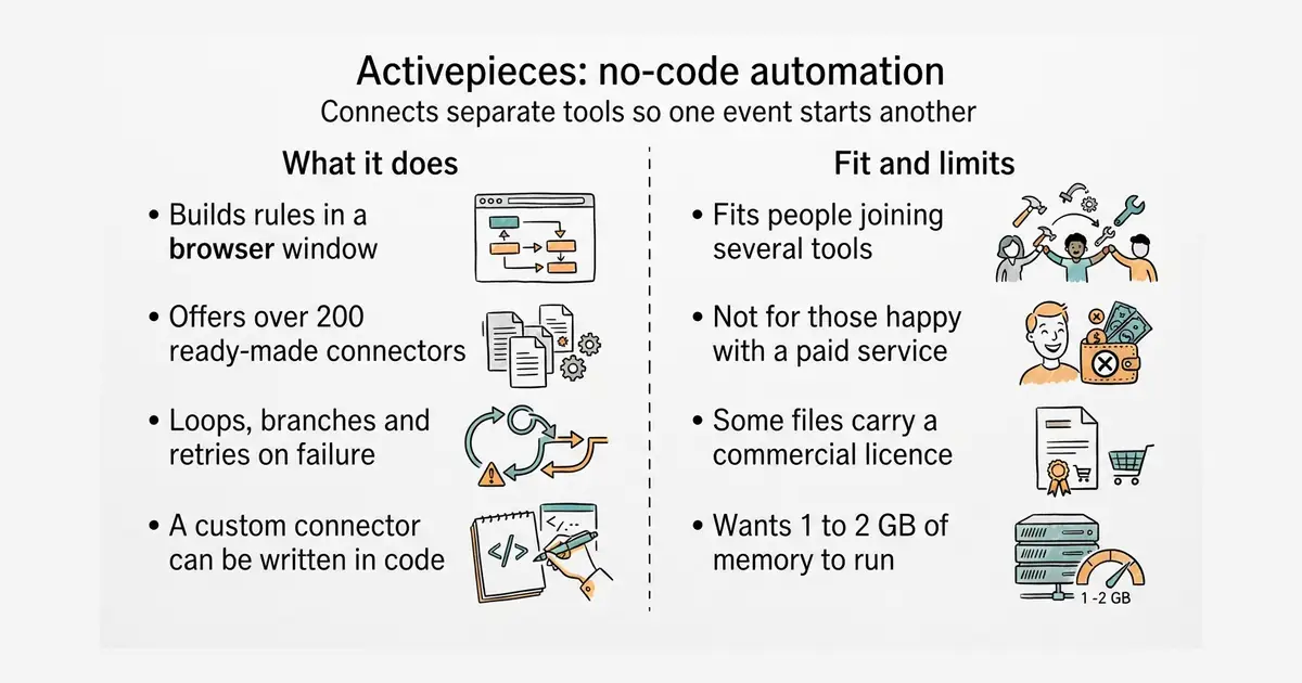 Activepieces: no-code automation. Connects separate tools so one event starts another.
