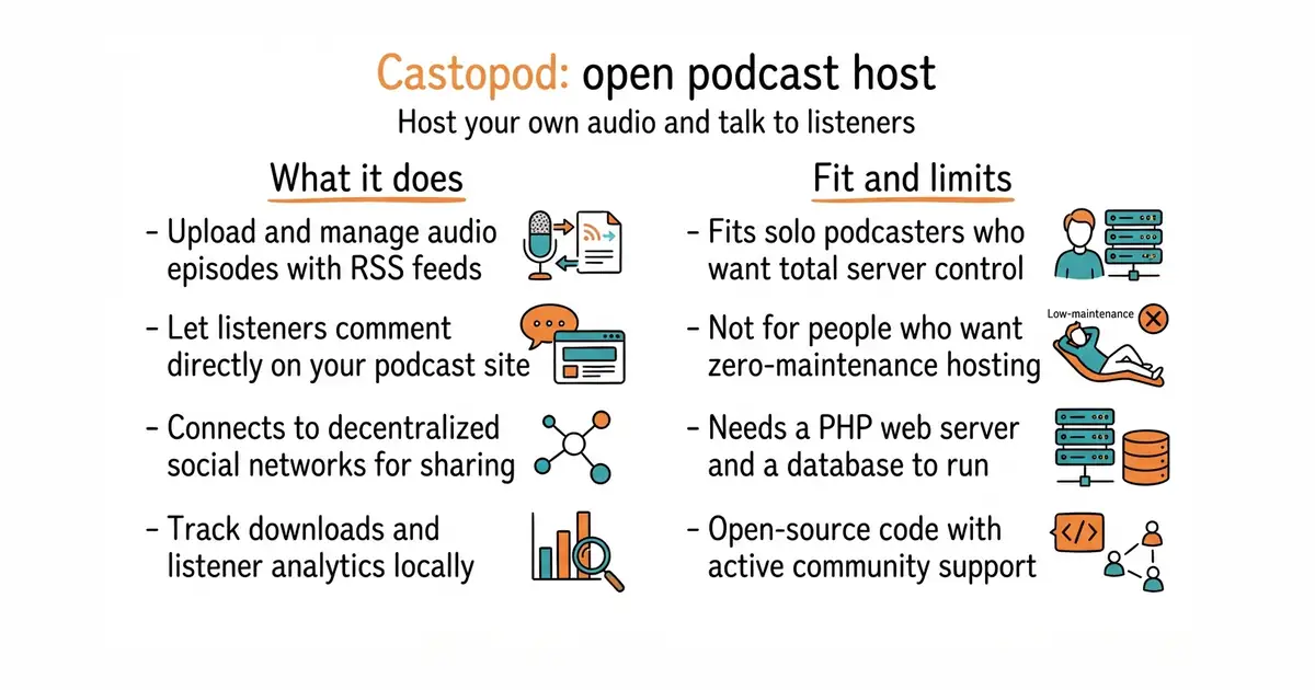 Castopod: open podcast host. Host your own audio and talk to listeners.