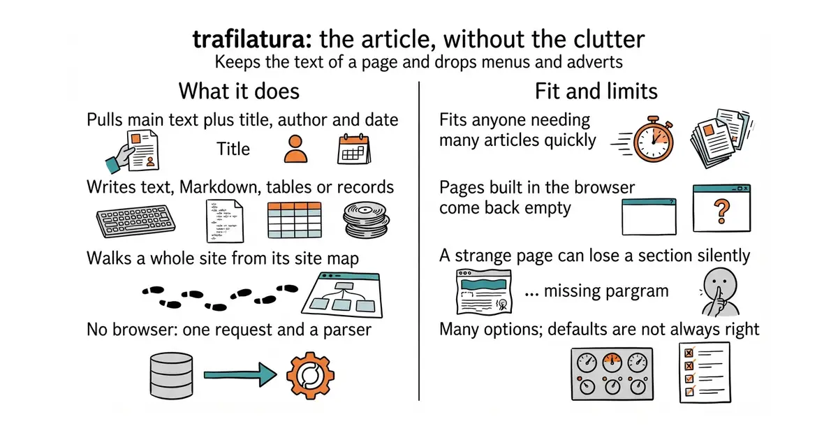 trafilatura: the article, without the clutter. Keeps the text of a page and drops menus and adverts.