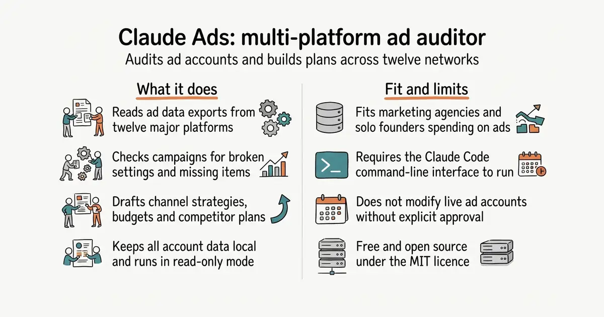 Claude Ads: multi-platform ad auditor. Audits ad accounts and builds plans across twelve networks.