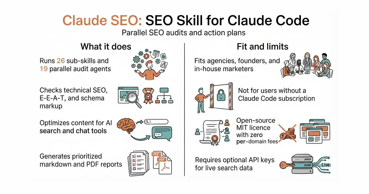 Claude SEO: SEO Skill for Claude Code. Parallel SEO audits and action plans.