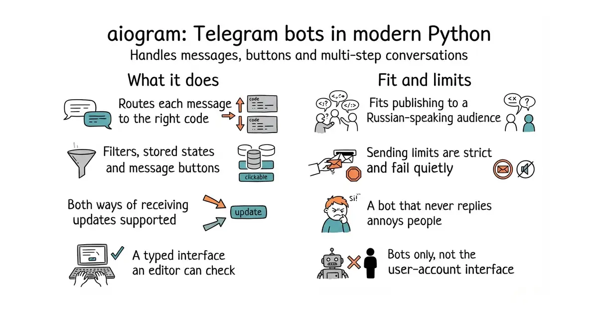 aiogram: Telegram bots in modern Python. Handles messages, buttons and multi-step conversations.