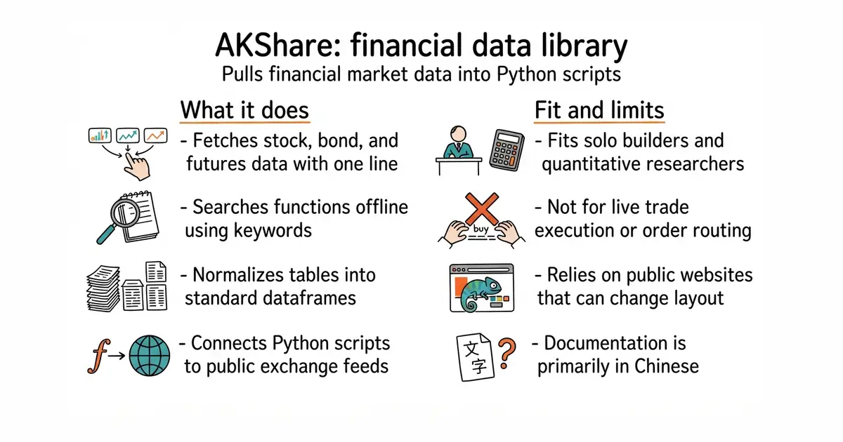 AKShare: financial data library. Pulls financial market data into Python scripts.