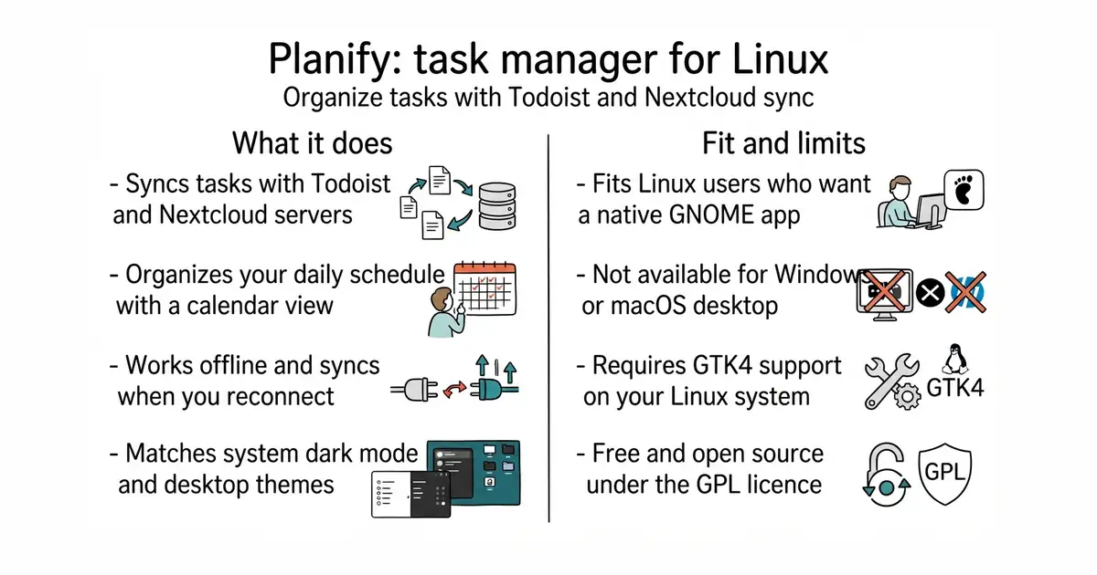 Planify: task manager for Linux. Organize tasks with Todoist and Nextcloud sync.