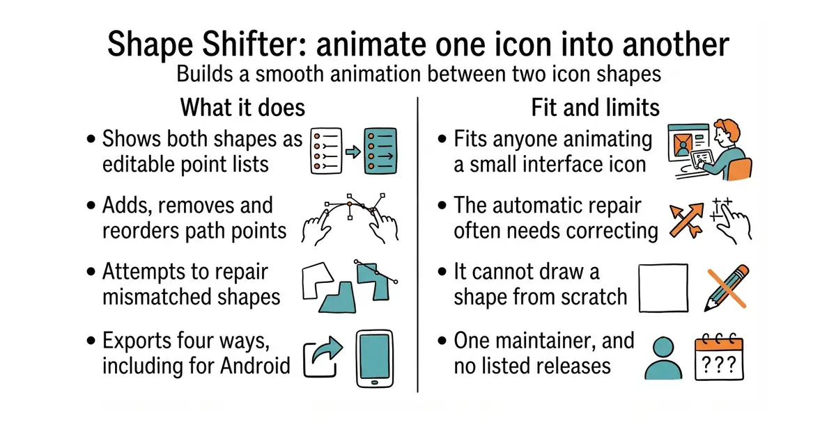 Shape Shifter: animate one icon into another. Builds a smooth animation between two icon shapes.