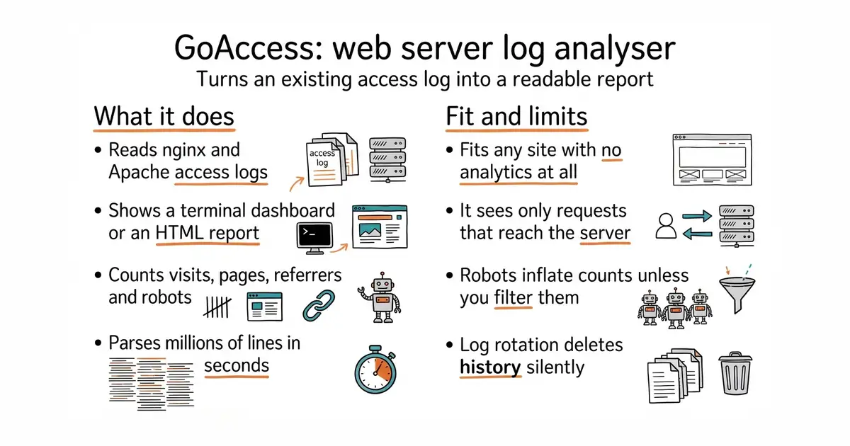 GoAccess: web server log analyser. Turns an existing access log into a readable report.