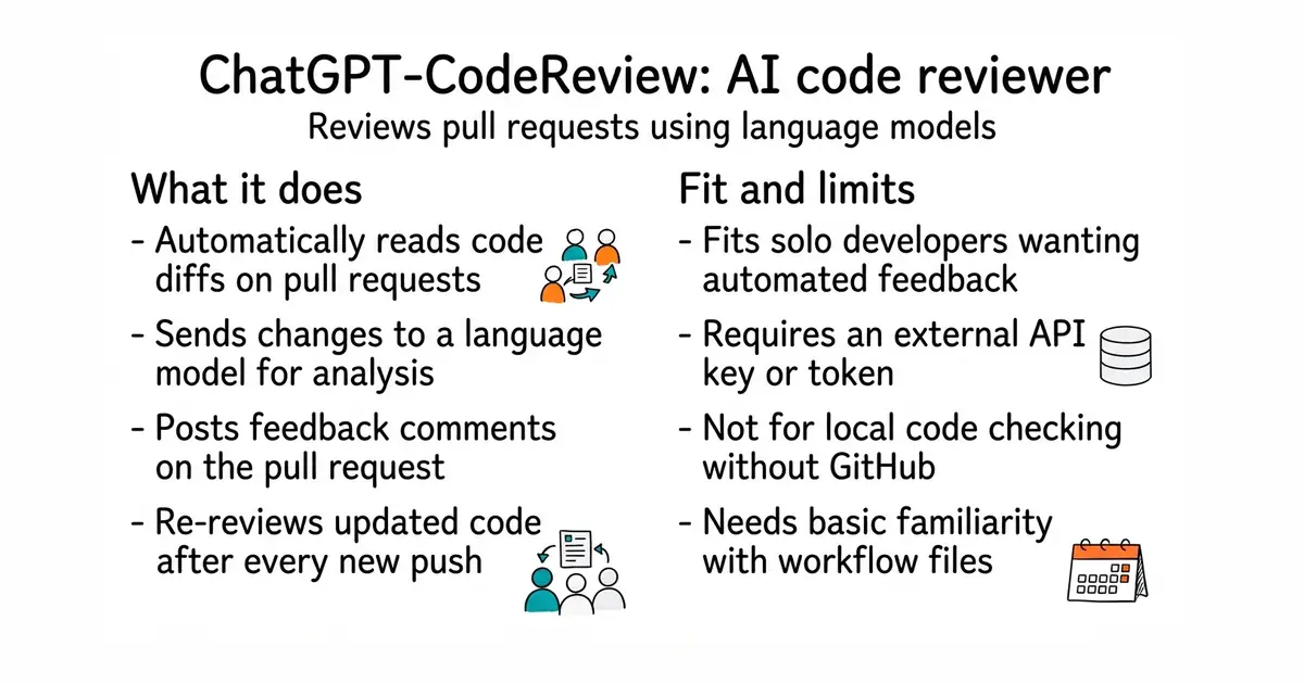 ChatGPT-CodeReview: AI code reviewer. Reviews pull requests using language models.