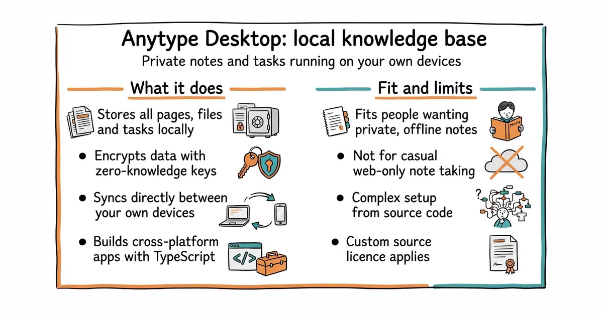 Anytype Desktop: local knowledge base. Private notes and tasks running on your own devices.