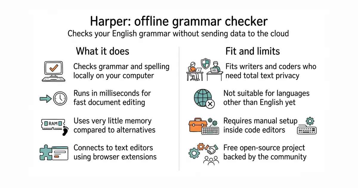Harper: offline grammar checker. Checks your English grammar without sending data to the cloud.