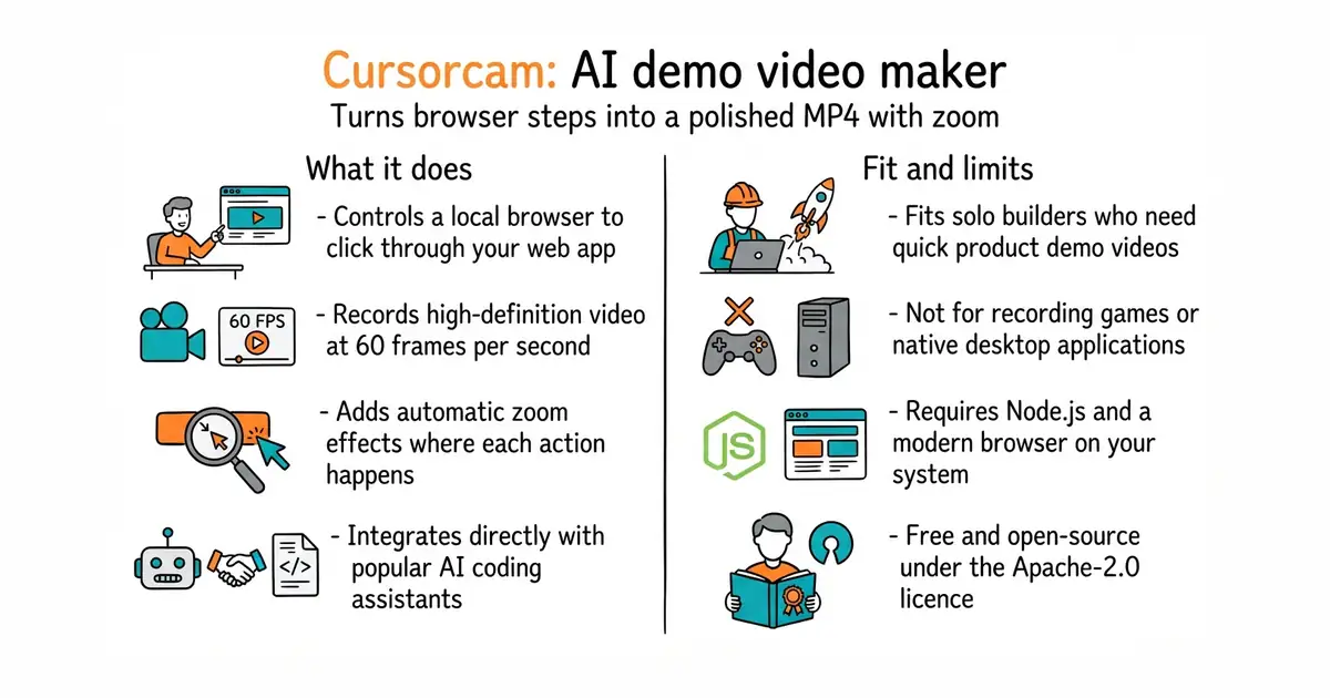 Cursorcam: AI demo video maker. Turns browser steps into a polished MP4 with zoom.