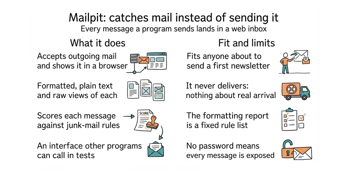 Mailpit: catches mail instead of sending it. Every message a program sends lands in a web inbox.