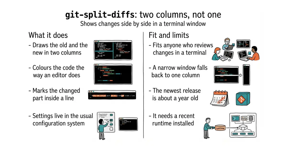 git-split-diffs: two columns, not one. Shows changes side by side in a terminal window.