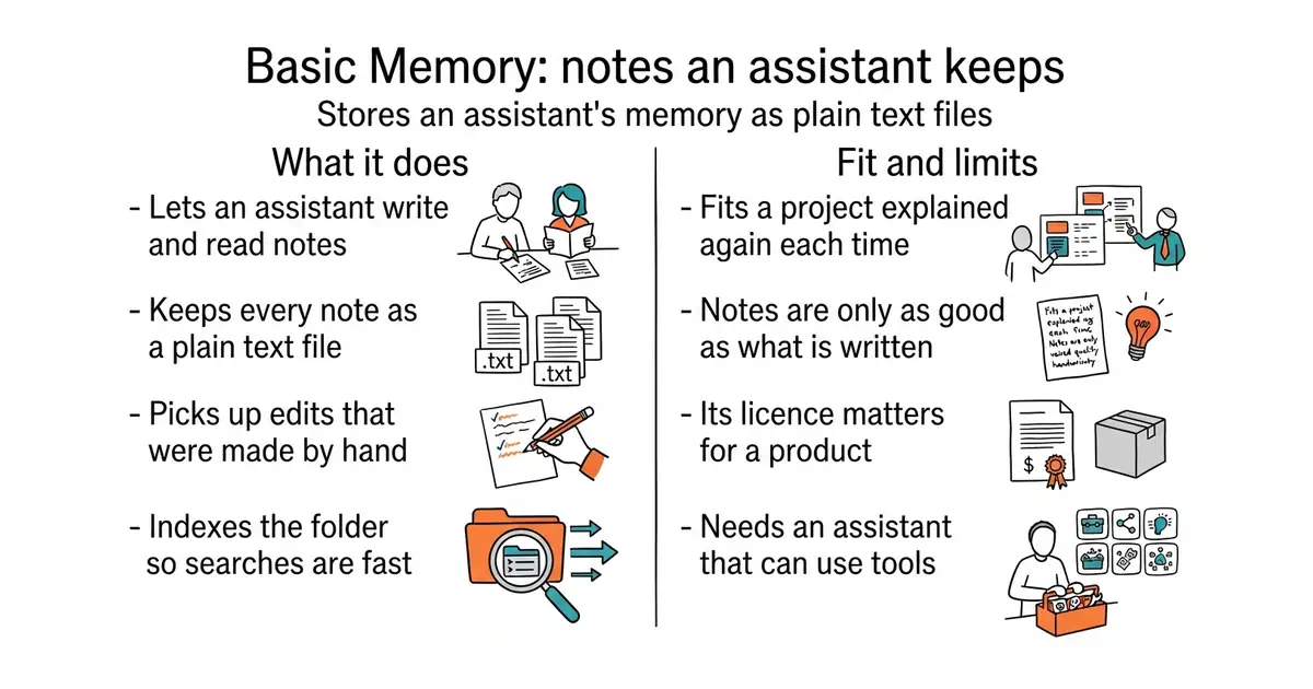 Basic Memory: notes an assistant keeps. Stores an assistant's memory as plain text files.