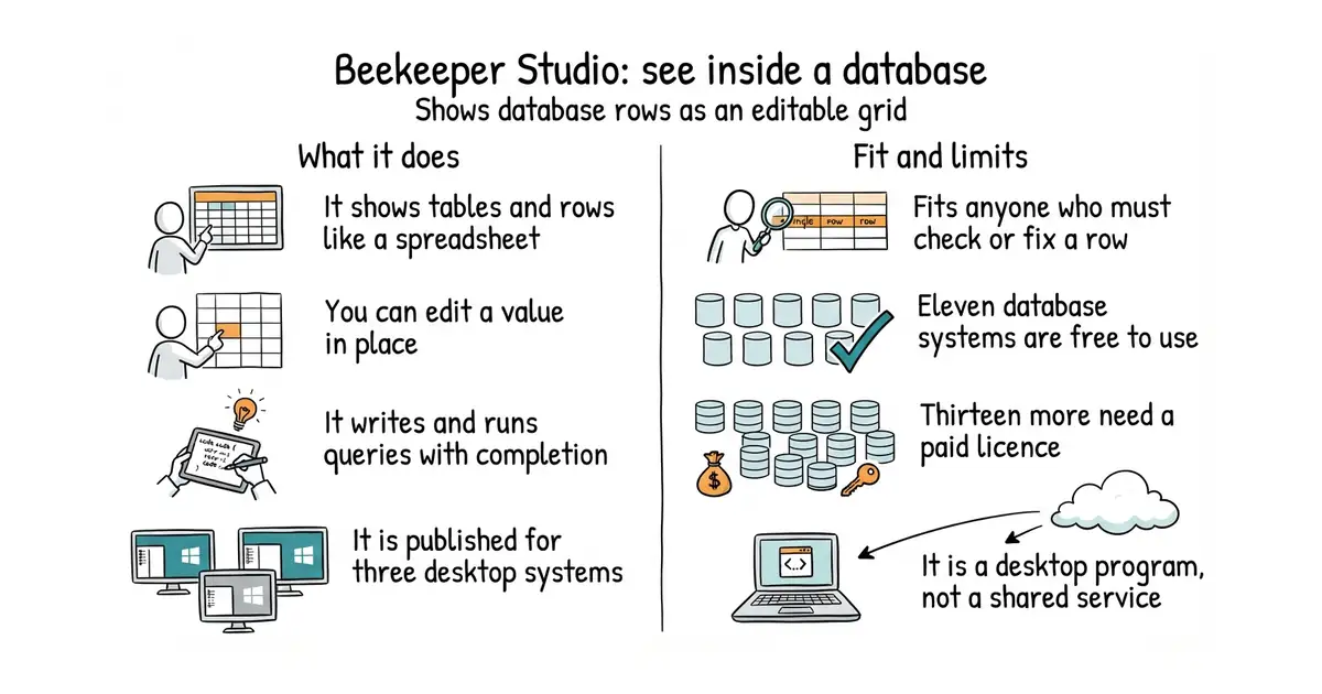 Beekeeper Studio: see inside a database. Shows database rows as an editable grid.