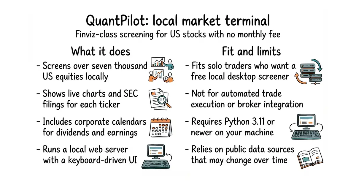 QuantPilot: local market terminal. Finviz-class screening for US stocks with no monthly fee.