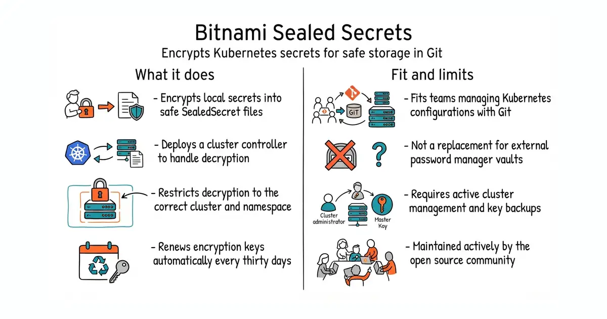 Bitnami Sealed Secrets. Encrypts Kubernetes secrets for safe storage in Git.