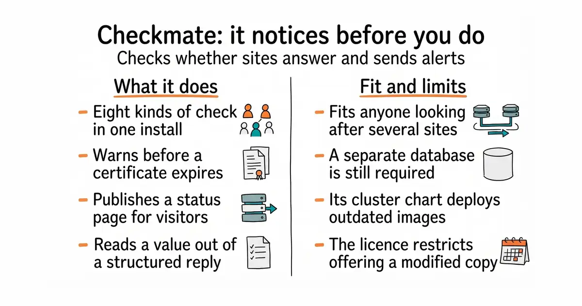 Checkmate: it notices before you do. Checks whether sites answer and sends alerts.