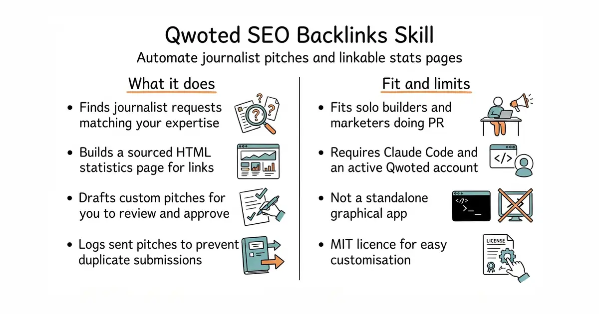 Qwoted SEO Backlinks Skill. Automate journalist pitches and linkable stats pages.