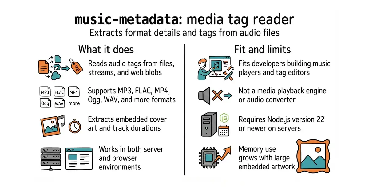 music-metadata: media tag reader. Extracts format details and tags from audio files.